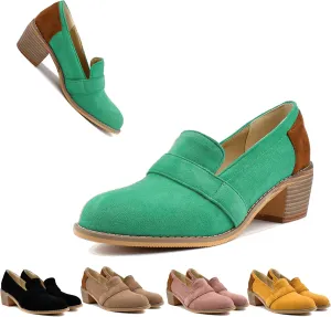 MOOMMO Women Chunky Stacked Heel Loafers Pumps Round Closed Toe Slip On Suede Penny Loafer Two-Toned Plus Size 4-14 M US