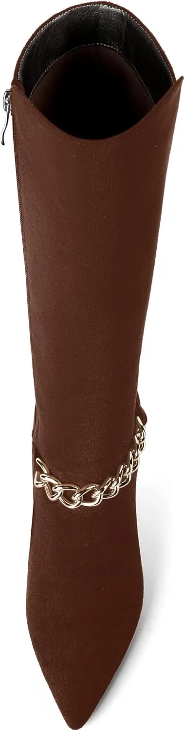 MOVINSTEPS Womens Pointed Toe Sexy Solid Metal Suede Zip Night Club Spool High Heel Knee High Boots 3.3 Inch