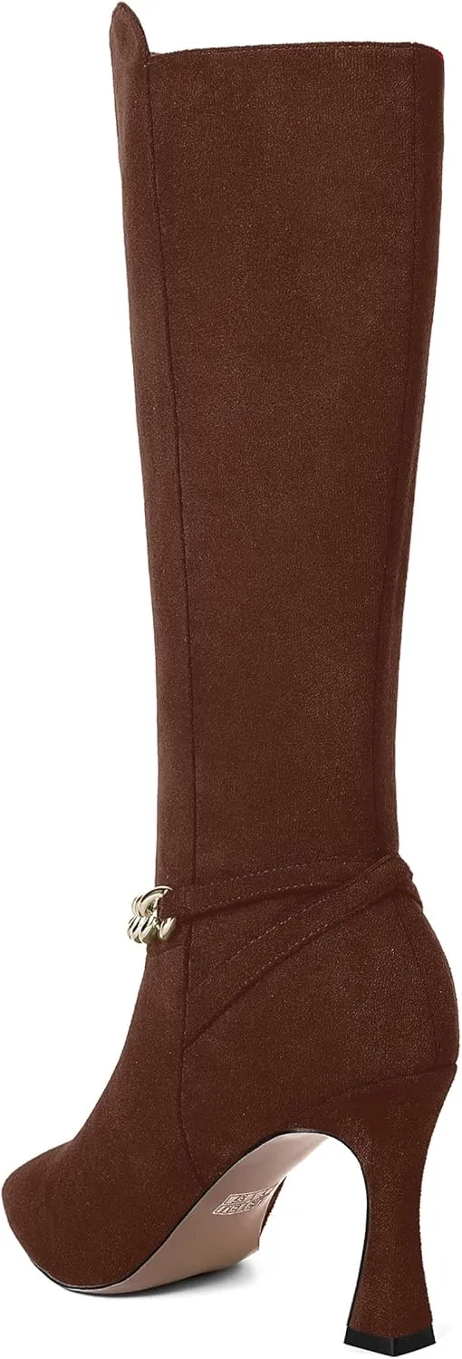 MOVINSTEPS Womens Pointed Toe Sexy Solid Metal Suede Zip Night Club Spool High Heel Knee High Boots 3.3 Inch
