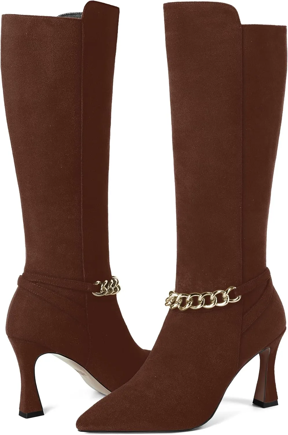 MOVINSTEPS Womens Pointed Toe Sexy Solid Metal Suede Zip Night Club Spool High Heel Knee High Boots 3.3 Inch