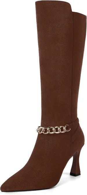 MOVINSTEPS Womens Pointed Toe Sexy Solid Metal Suede Zip Night Club Spool High Heel Knee High Boots 3.3 Inch