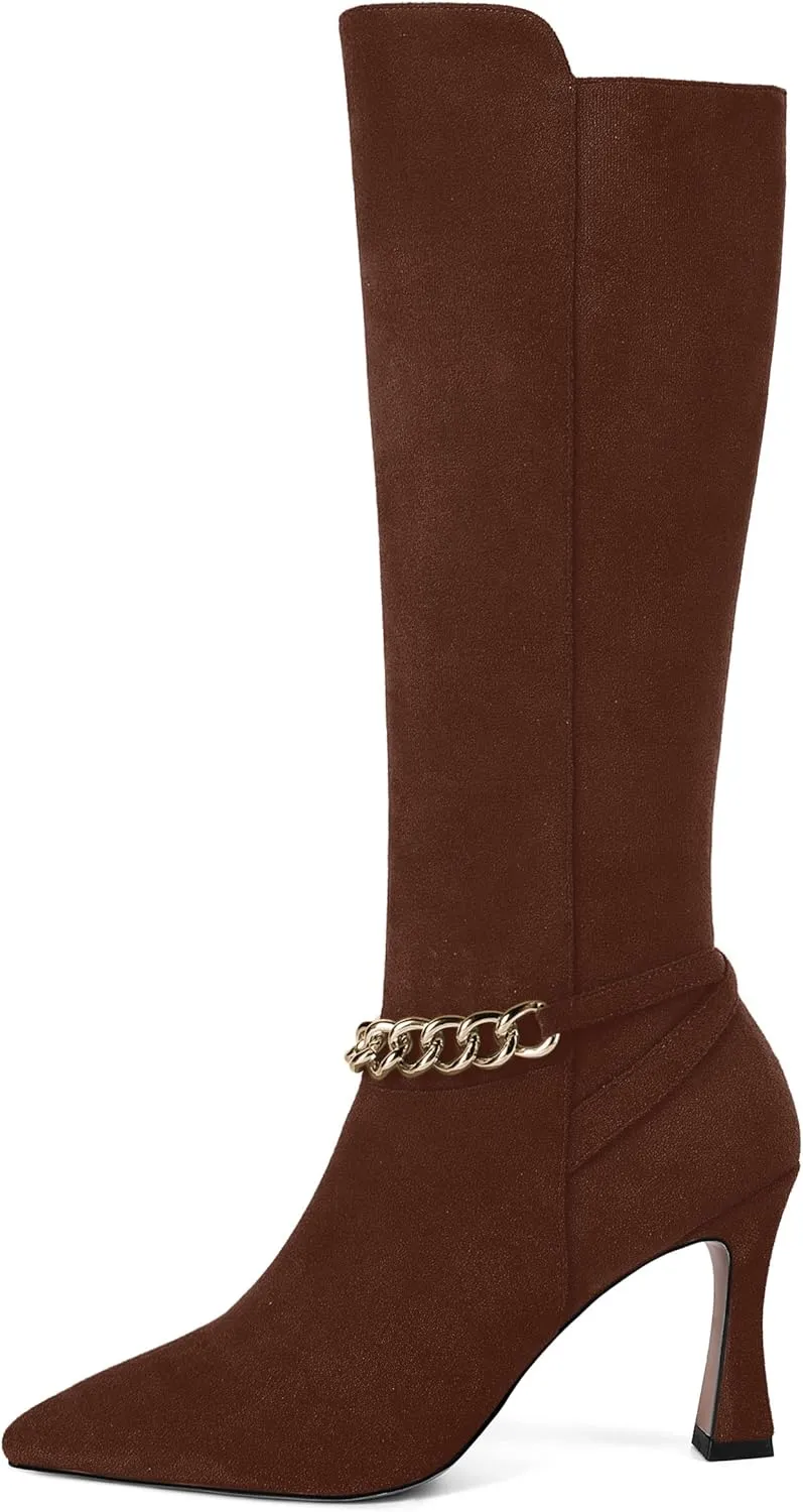 MOVINSTEPS Womens Pointed Toe Sexy Solid Metal Suede Zip Night Club Spool High Heel Knee High Boots 3.3 Inch
