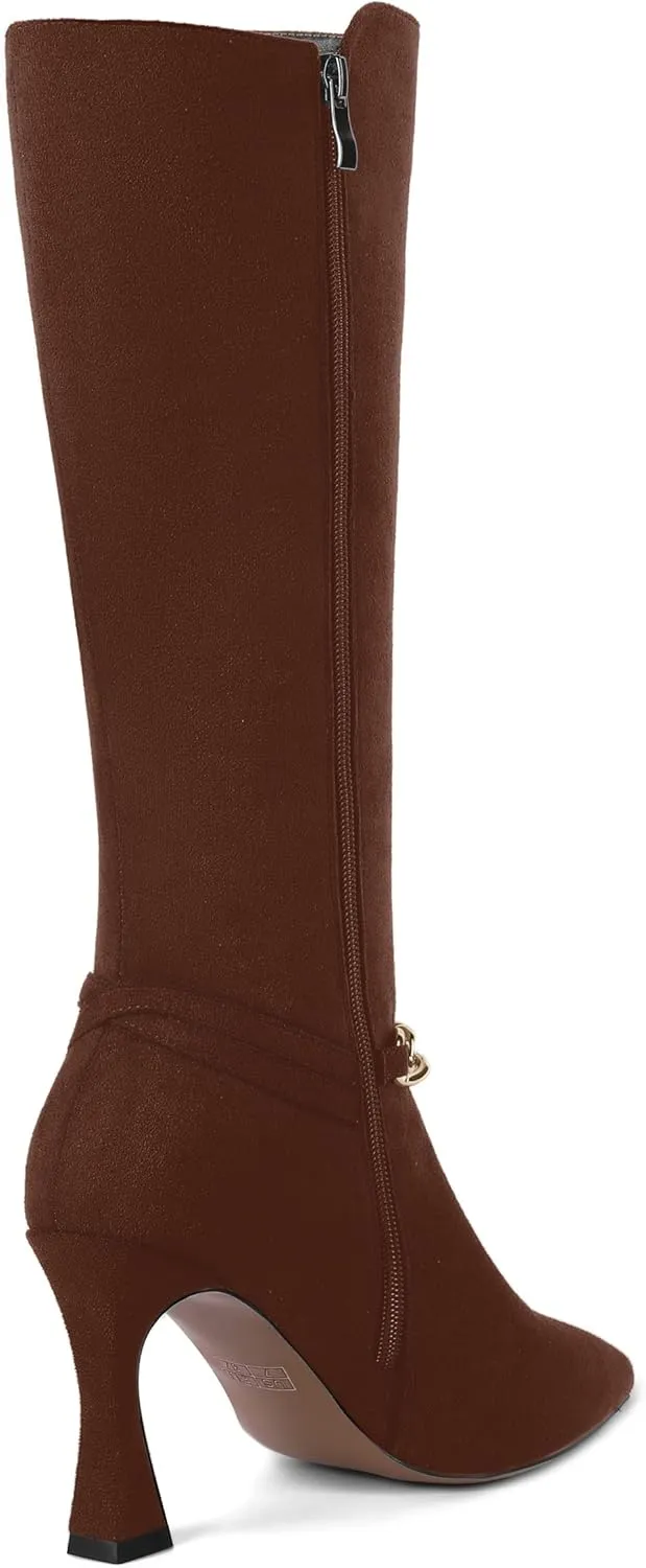 MOVINSTEPS Womens Pointed Toe Sexy Solid Metal Suede Zip Night Club Spool High Heel Knee High Boots 3.3 Inch