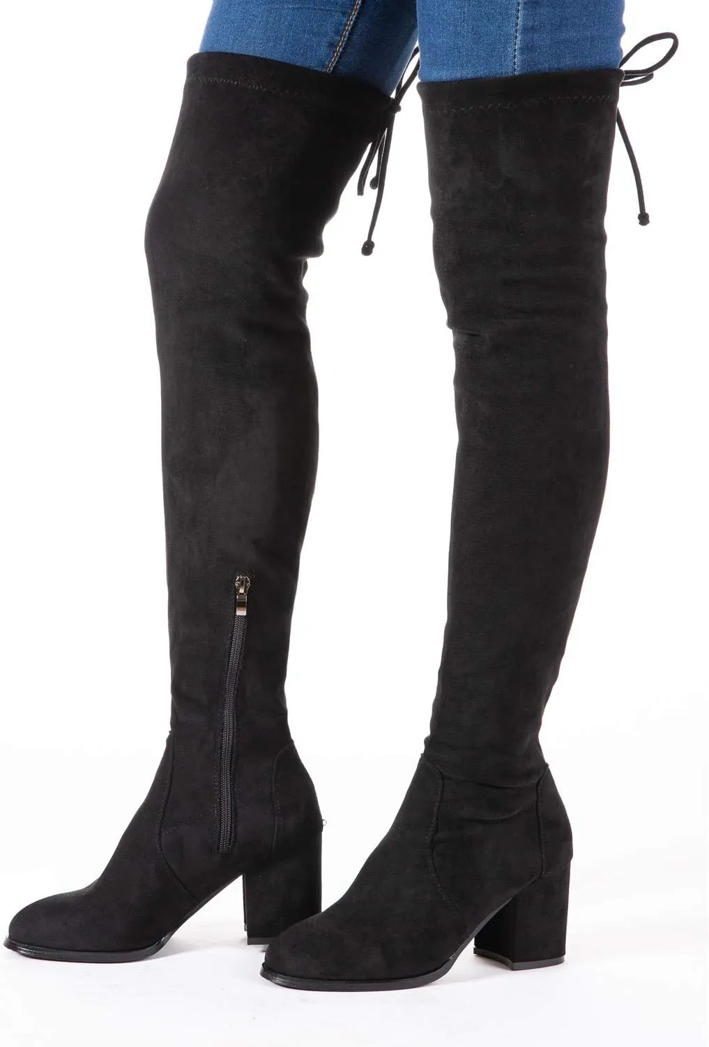Mtzyoa Over The Knee Boots for Women Black Brown Lace Up Thigh High Suede Long OTK Block Heel Stretch
