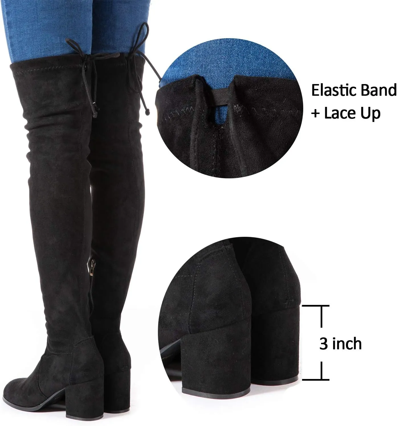 Mtzyoa Over The Knee Boots for Women Black Brown Lace Up Thigh High Suede Long OTK Block Heel Stretch