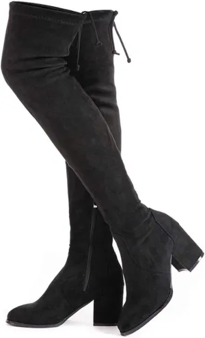 Mtzyoa Over The Knee Boots for Women Black Brown Lace Up Thigh High Suede Long OTK Block Heel Stretch