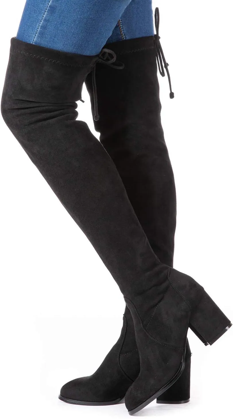 Mtzyoa Over The Knee Boots for Women Black Brown Lace Up Thigh High Suede Long OTK Block Heel Stretch