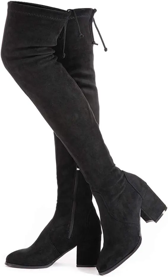 Mtzyoa Over The Knee Boots for Women Black Brown Lace Up Thigh High Suede Long OTK Block Heel Stretch