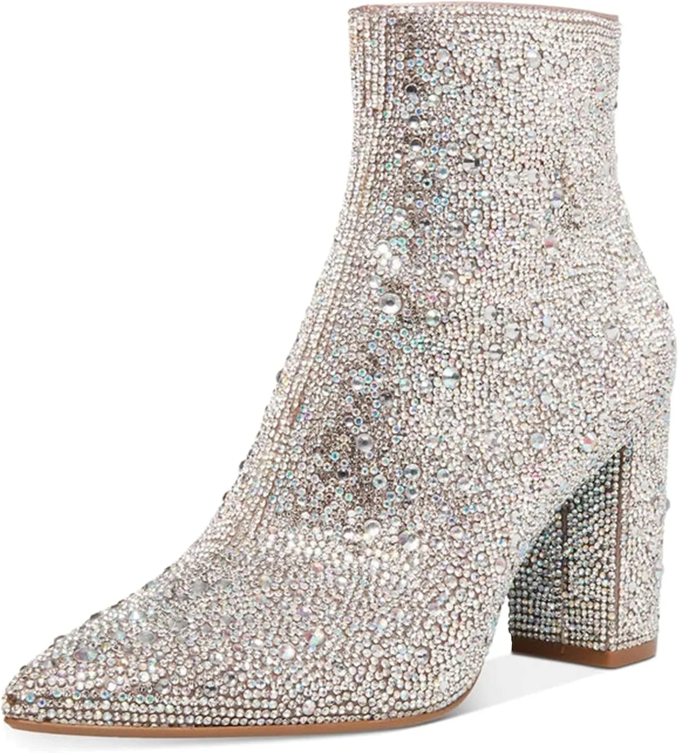 MUCCCUTE Women's Rhinestone Ankle Boots Point-Toe Block Chunky Heel Sparkly Party Wedding Booties Glitter Dressy Fashion Short Boots