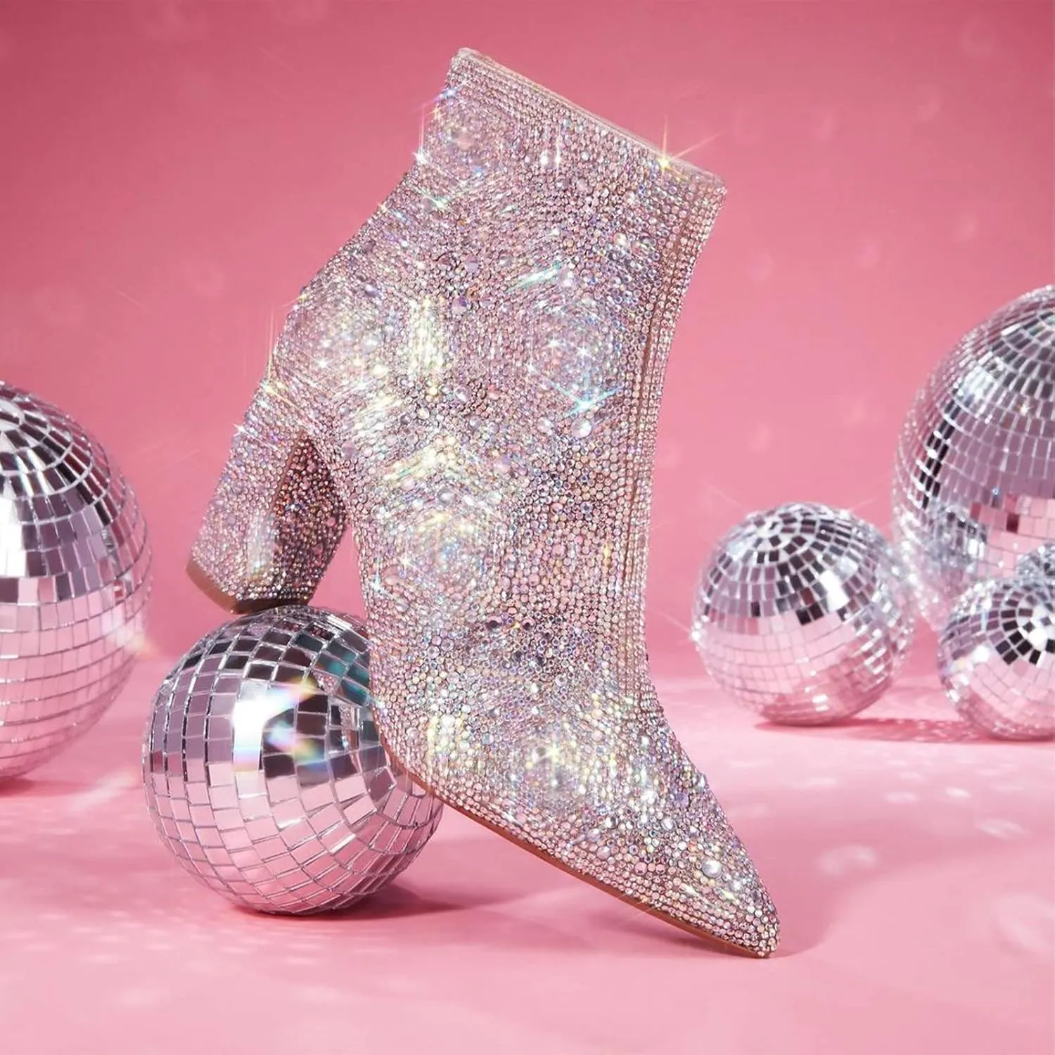MUCCCUTE Women's Rhinestone Ankle Boots Point-Toe Block Chunky Heel Sparkly Party Wedding Booties Glitter Dressy Fashion Short Boots