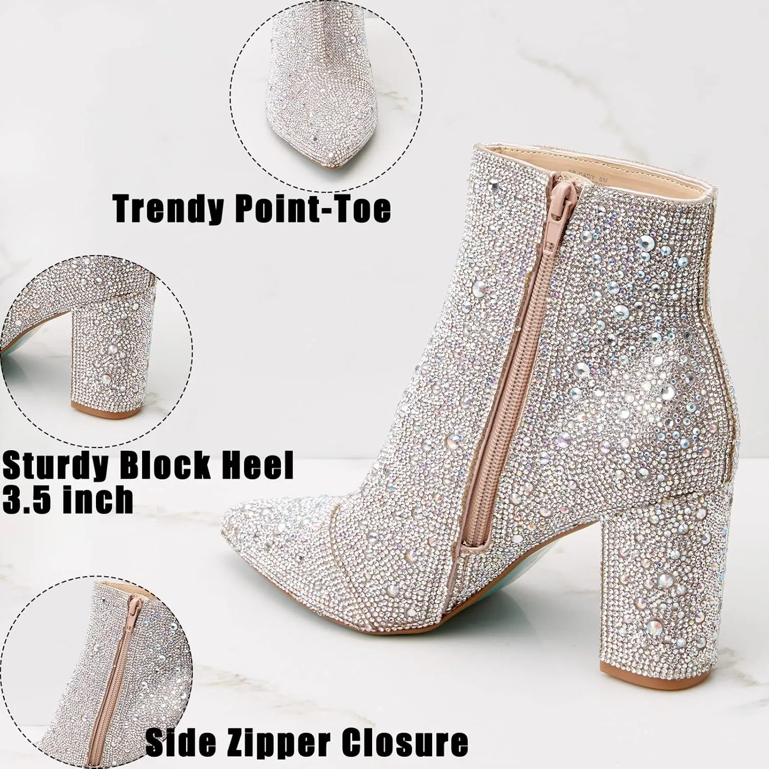 MUCCCUTE Women's Rhinestone Ankle Boots Point-Toe Block Chunky Heel Sparkly Party Wedding Booties Glitter Dressy Fashion Short Boots