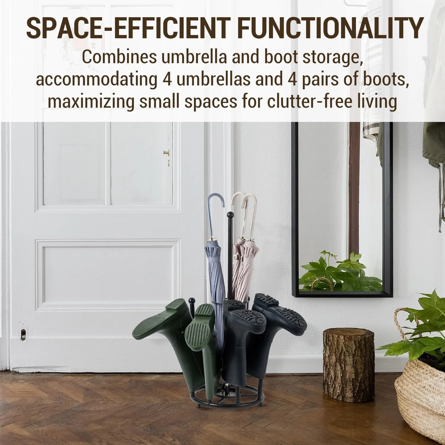 MyGift Modern Matte Black Metal & Rustic Wood Entryway Storage Organizer: 2-in-1 Boot Rack with Umbrella Holder & Inverted Drying Design