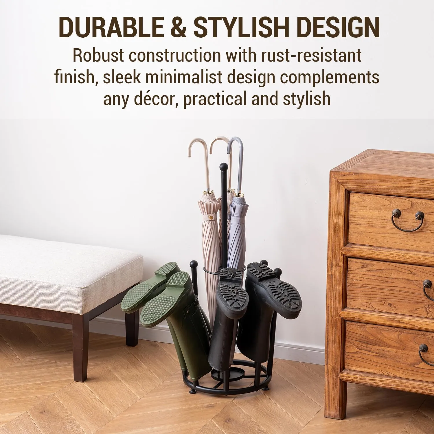 MyGift Modern Matte Black Metal & Rustic Wood Entryway Storage Organizer: 2-in-1 Boot Rack with Umbrella Holder & Inverted Drying Design