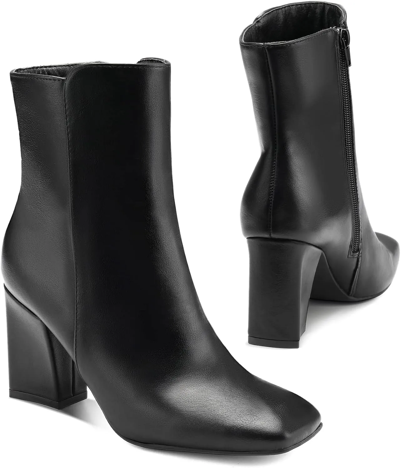 mysoft Women's Ankle Boots Square Toe Side Zipper GoGo Boots Chunky Block Heel Mid Calf Low Heeled Short Booties