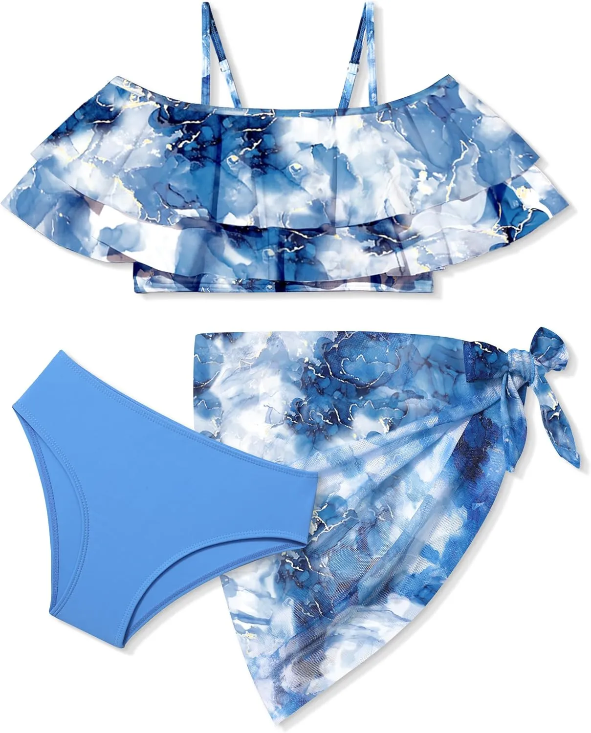 NAPU Girls Swimsuit Cold Shoulder Bikini Set Tropical Girls Bathing Suit with Wrap Beach Skirt