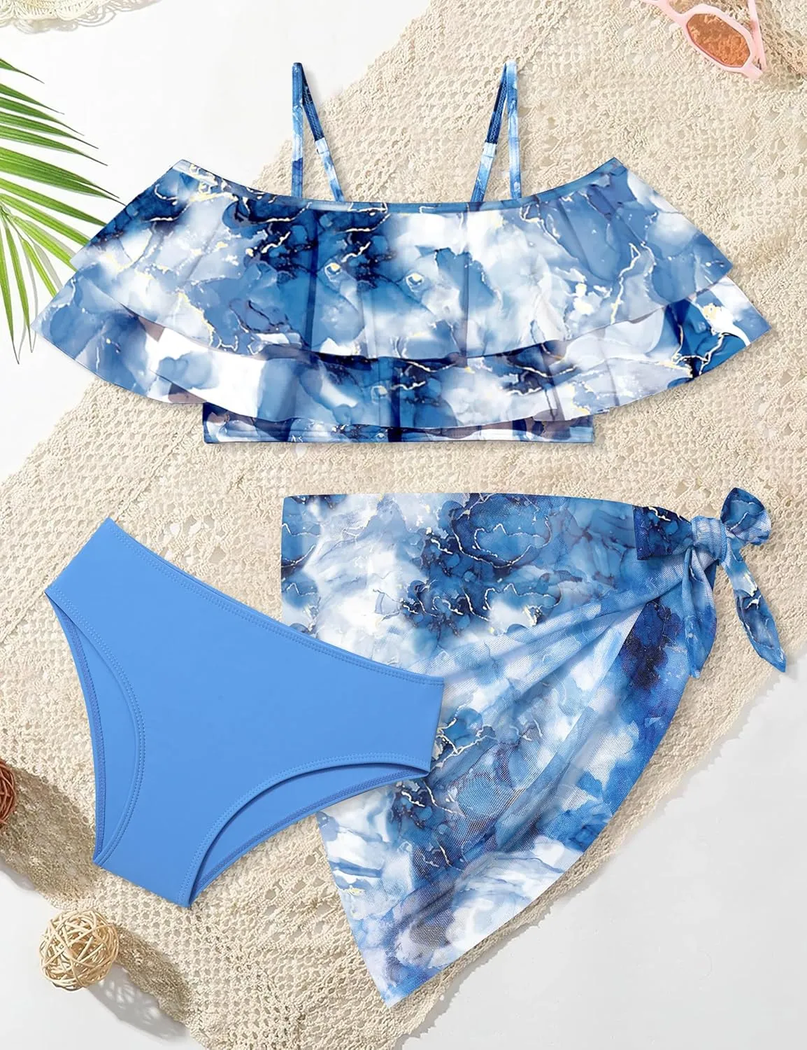 NAPU Girls Swimsuit Cold Shoulder Bikini Set Tropical Girls Bathing Suit with Wrap Beach Skirt