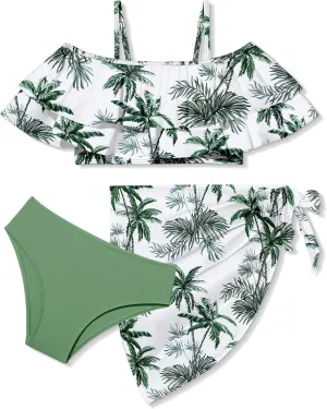 NAPU Girls Swimsuit Cold Shoulder Bikini Set Tropical Girls Bathing Suit with Wrap Beach Skirt