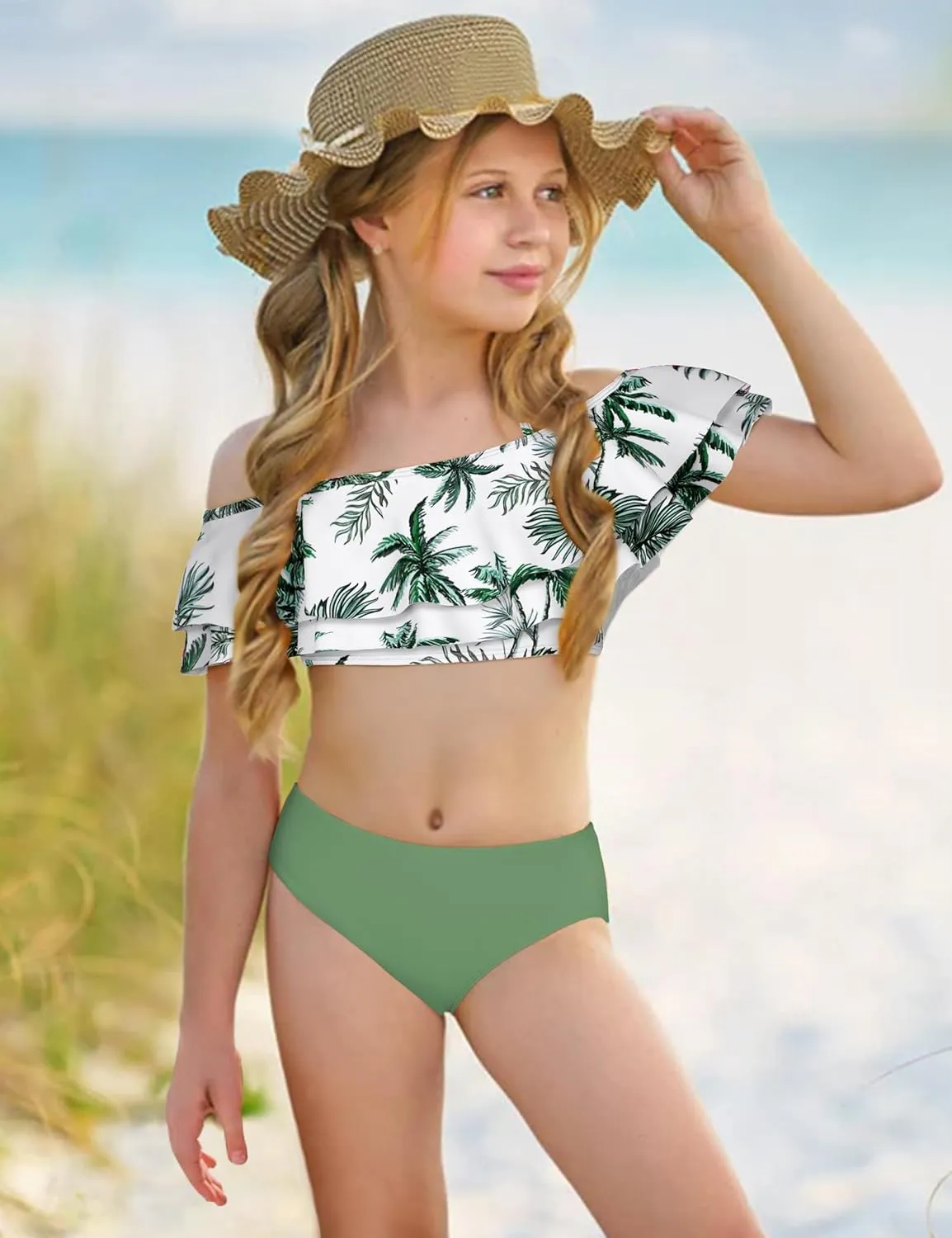 NAPU Girls Swimsuit Cold Shoulder Bikini Set Tropical Girls Bathing Suit with Wrap Beach Skirt