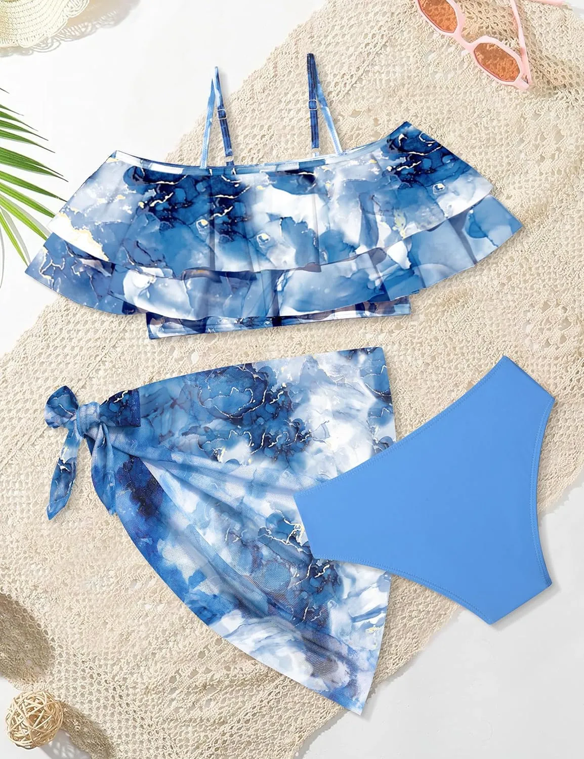 NAPU Girls Swimsuit Cold Shoulder Bikini Set Tropical Girls Bathing Suit with Wrap Beach Skirt
