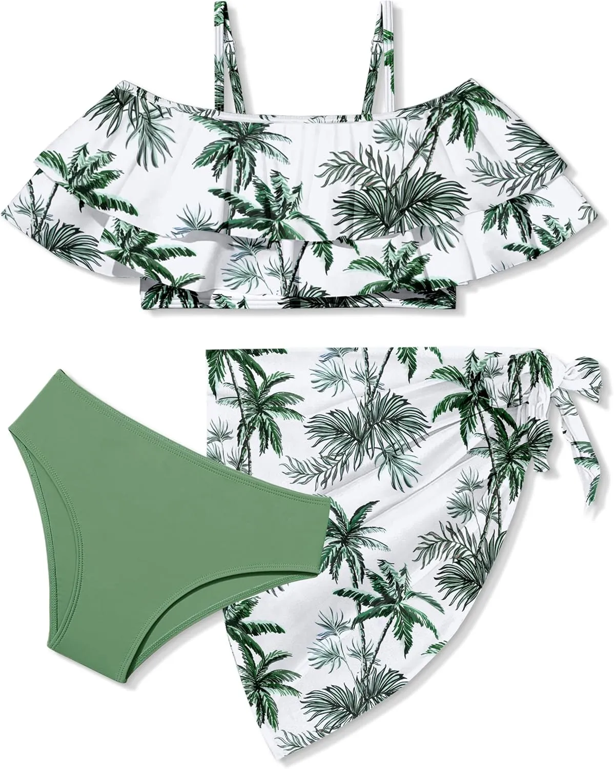 NAPU Girls Swimsuit Cold Shoulder Bikini Set Tropical Girls Bathing Suit with Wrap Beach Skirt