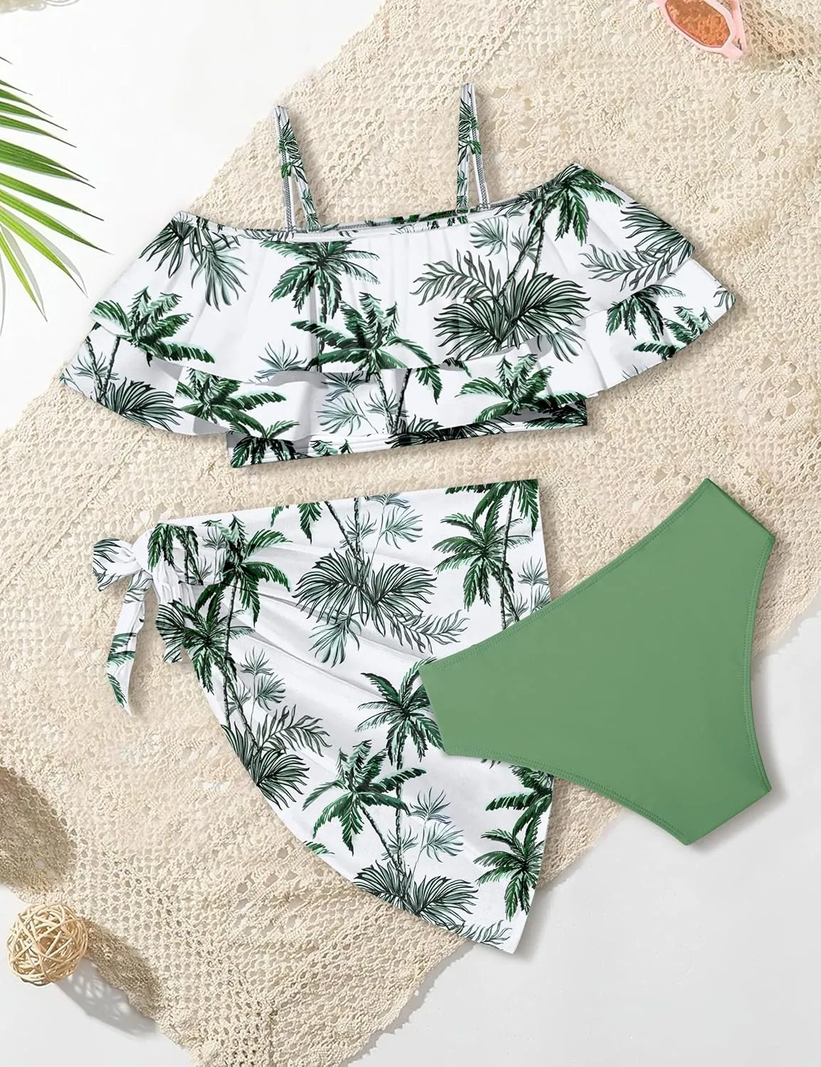 NAPU Girls Swimsuit Cold Shoulder Bikini Set Tropical Girls Bathing Suit with Wrap Beach Skirt