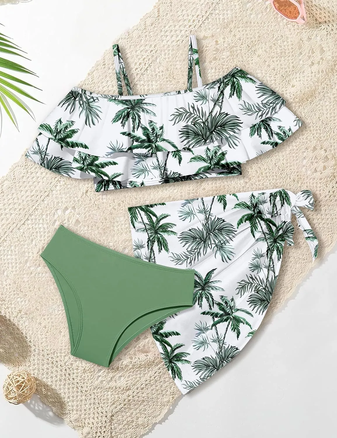 NAPU Girls Swimsuit Cold Shoulder Bikini Set Tropical Girls Bathing Suit with Wrap Beach Skirt