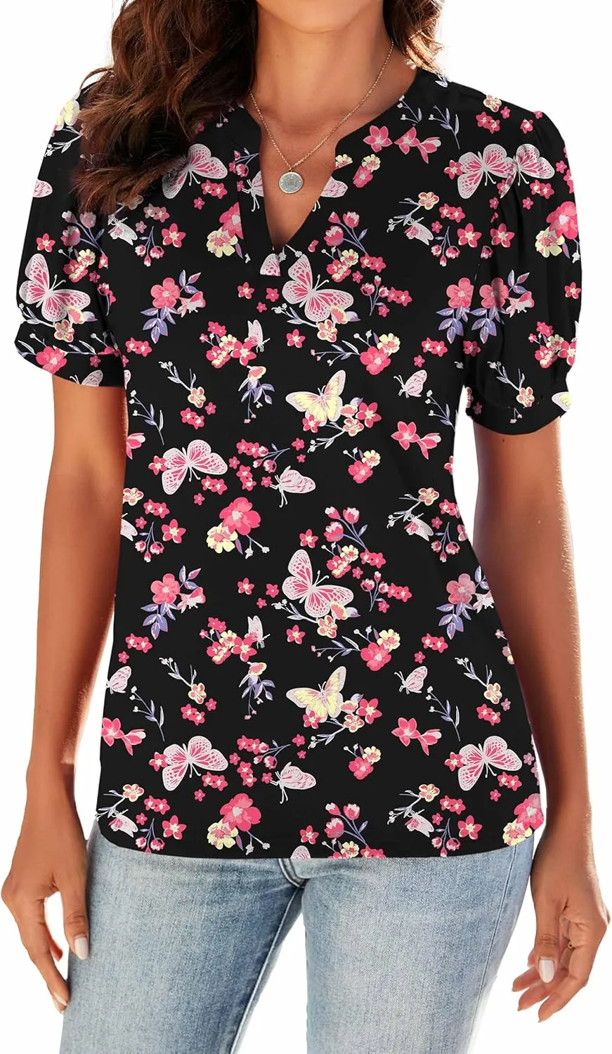 Neineiwu Women Dressy Casual V-Neck T-Shirts Loose Puff Short-Sleeve Tops Tunic Blouse