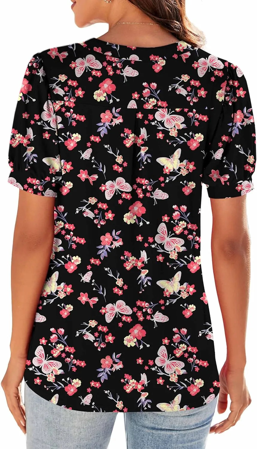 Neineiwu Women Dressy Casual V-Neck T-Shirts Loose Puff Short-Sleeve Tops Tunic Blouse