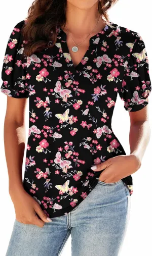 Neineiwu Women Dressy Casual V-Neck T-Shirts Loose Puff Short-Sleeve Tops Tunic Blouse