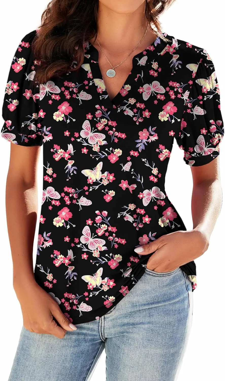 Neineiwu Women Dressy Casual V-Neck T-Shirts Loose Puff Short-Sleeve Tops Tunic Blouse