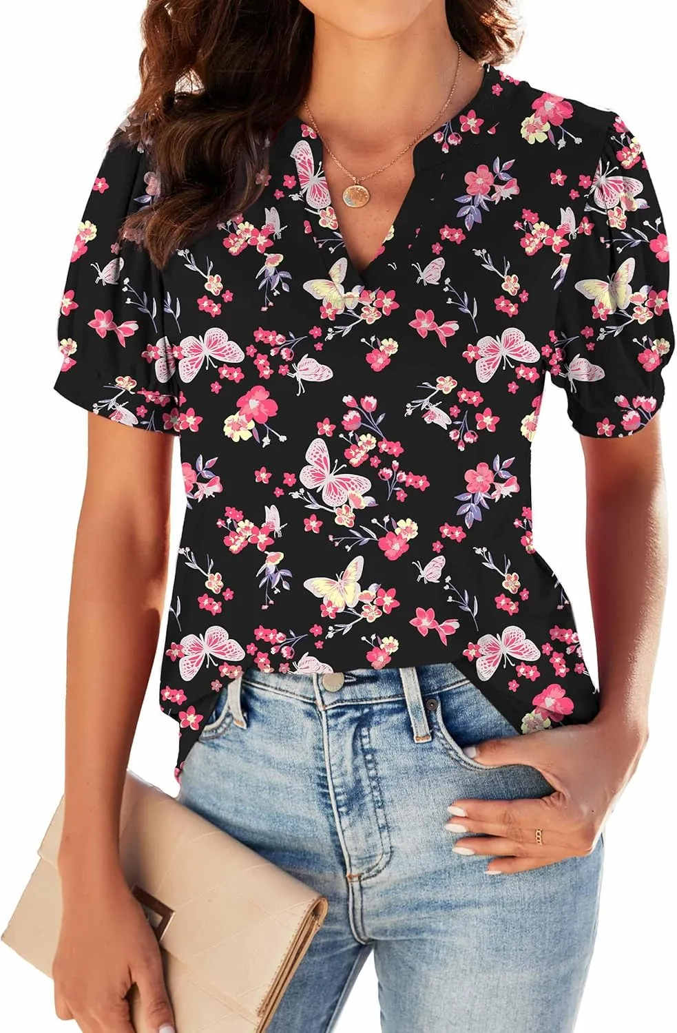 Neineiwu Women Dressy Casual V-Neck T-Shirts Loose Puff Short-Sleeve Tops Tunic Blouse
