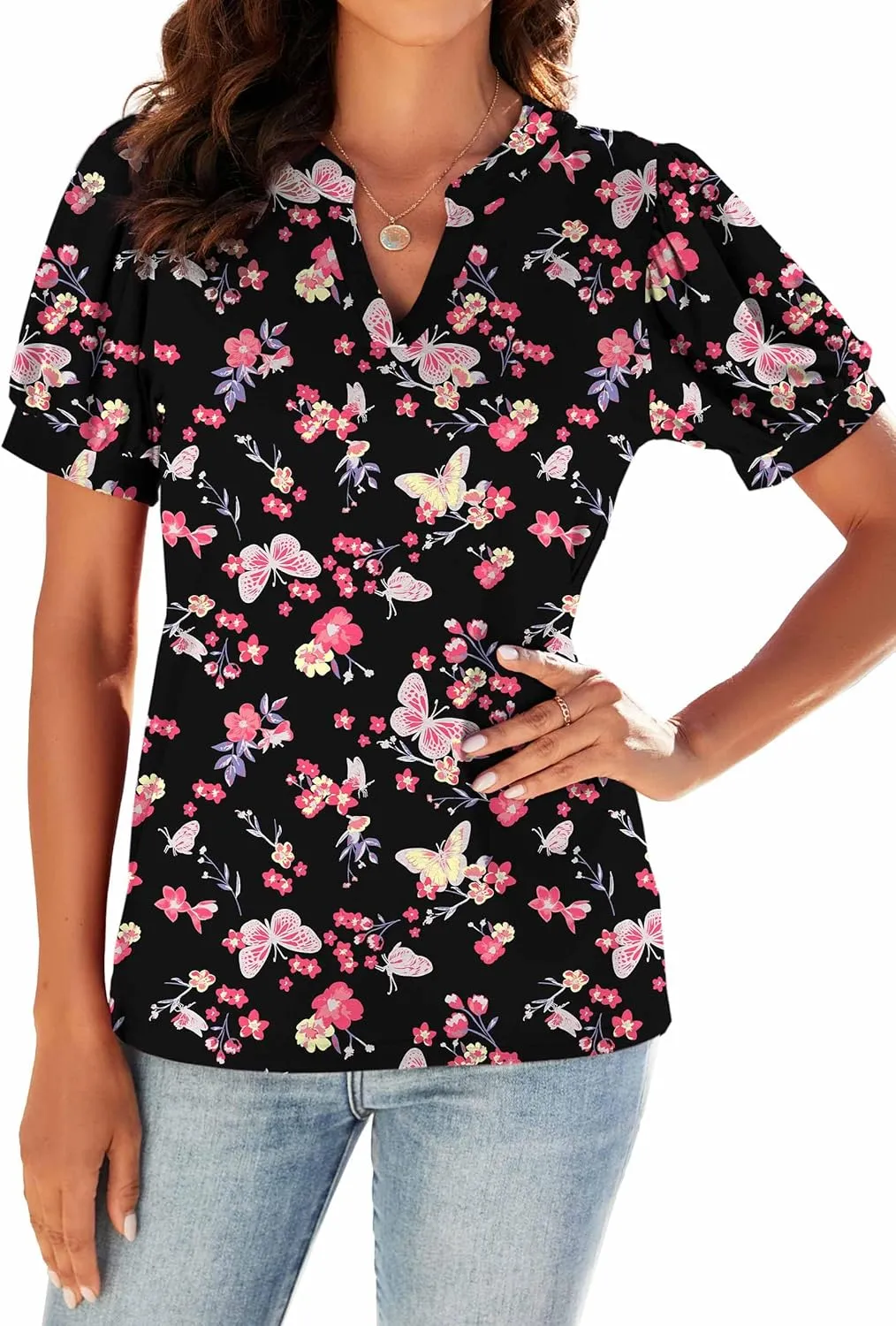 Neineiwu Women Dressy Casual V-Neck T-Shirts Loose Puff Short-Sleeve Tops Tunic Blouse