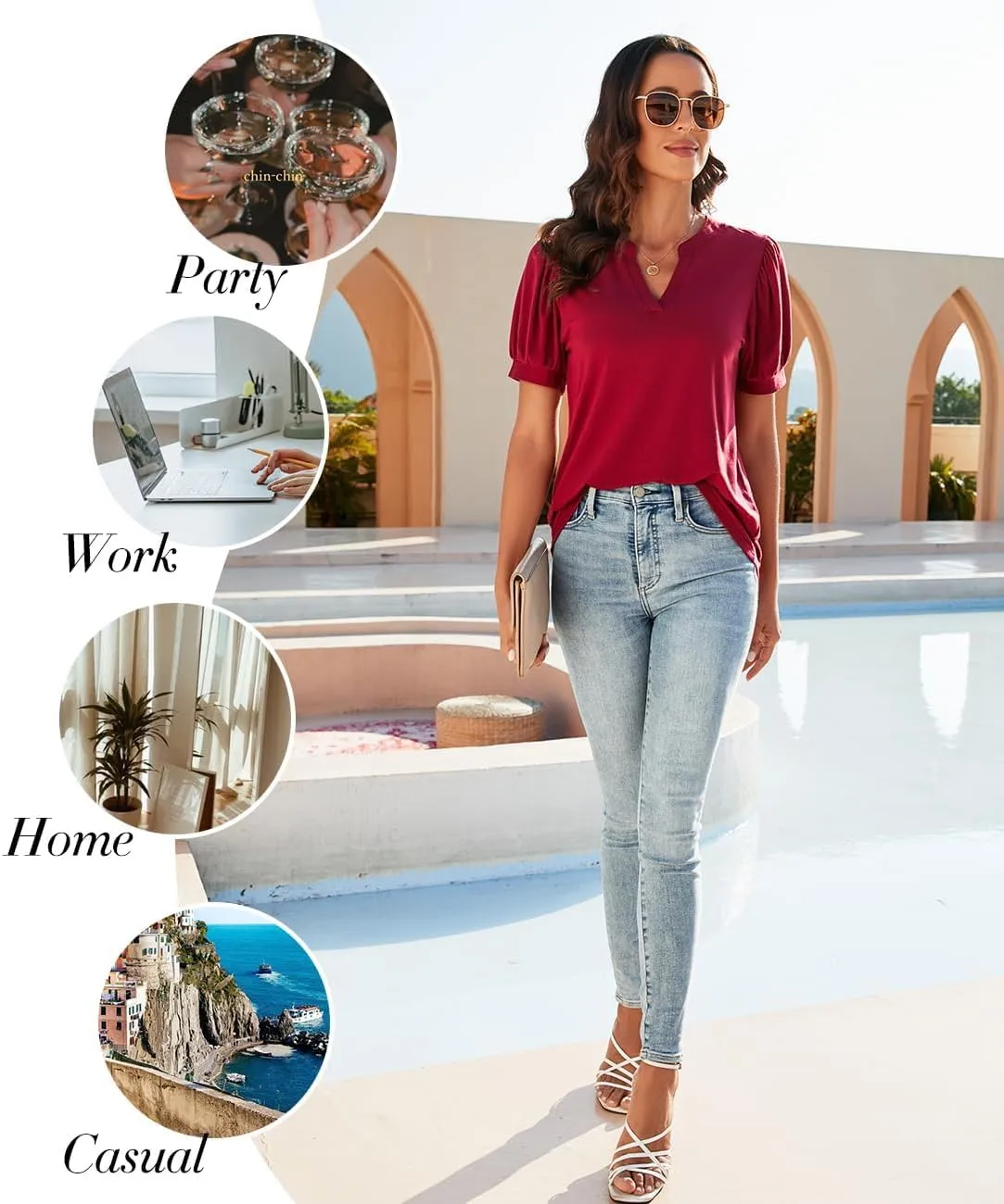 Neineiwu Women Dressy Casual V-Neck T-Shirts Loose Puff Short-Sleeve Tops Tunic Blouse