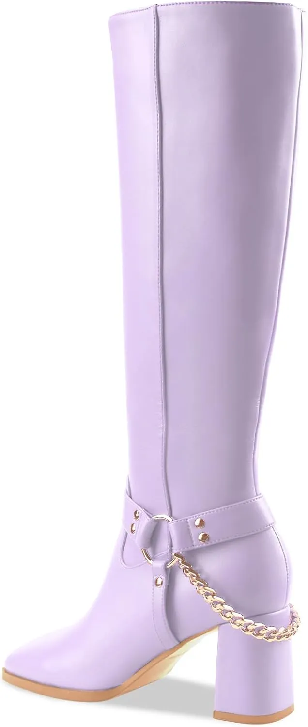 Oh Mispares Knee High Boots Slim Calf Square Toe Chunky Heel Narrow Calves Boots for Women Skinny Legs - Faux Leather Fall Winter Dress Riding Moto Tall 3 Inches Heels Boots for Girls