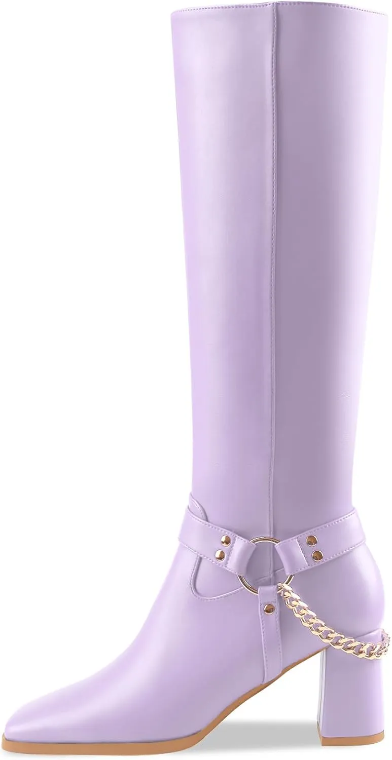 Oh Mispares Knee High Boots Slim Calf Square Toe Chunky Heel Narrow Calves Boots for Women Skinny Legs - Faux Leather Fall Winter Dress Riding Moto Tall 3 Inches Heels Boots for Girls