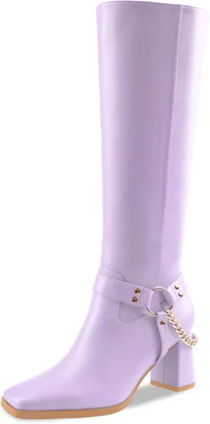 Oh Mispares Knee High Boots Slim Calf Square Toe Chunky Heel Narrow Calves Boots for Women Skinny Legs - Faux Leather Fall Winter Dress Riding Moto Tall 3 Inches Heels Boots for Girls