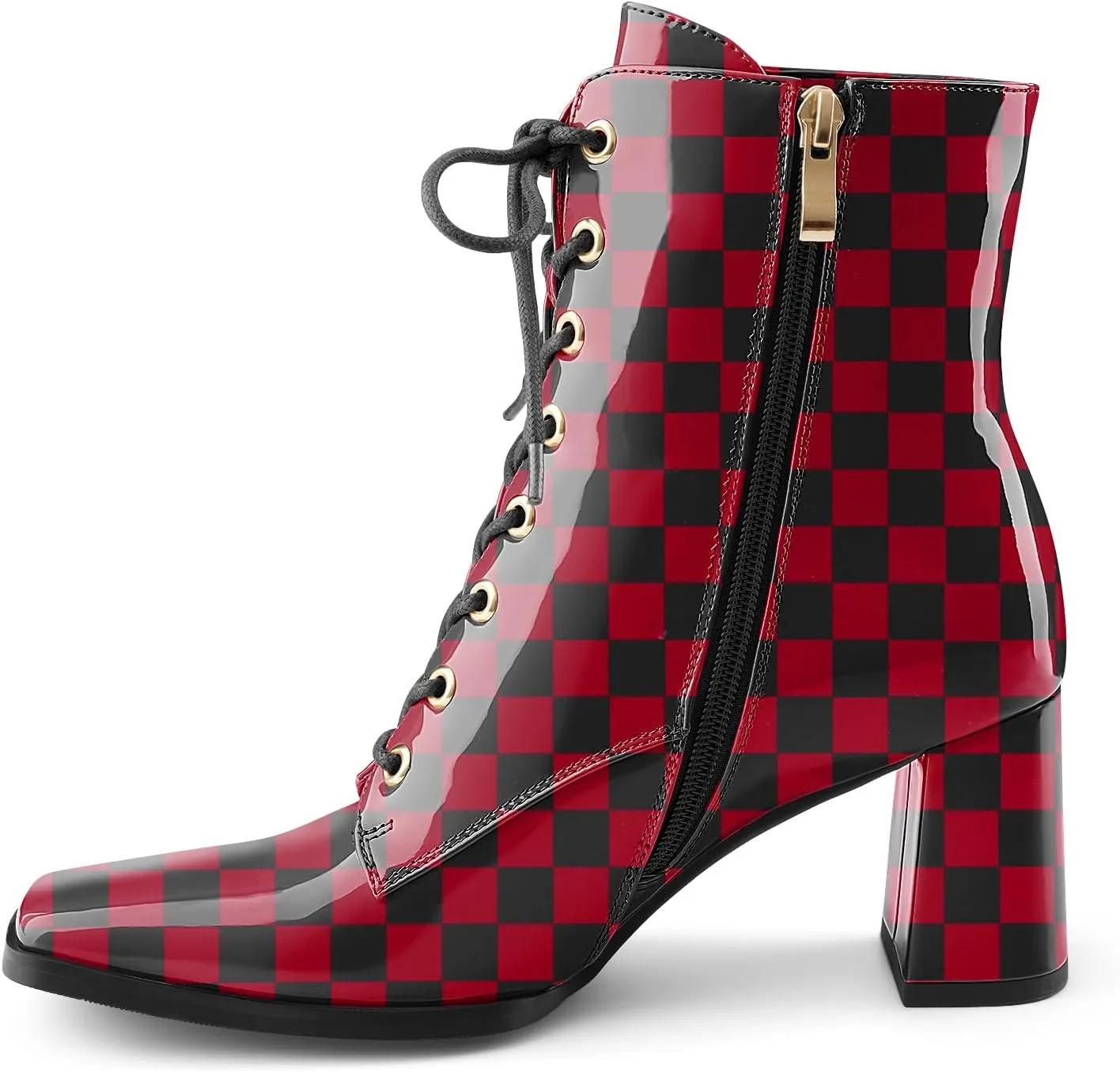 Oh Mispares Women's Chunky Heel Ankle Boots Square Toe Lace-up Chunky Block Heeled Side Zipper Short Booties Comfortable Walking Boot Shoes