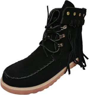 oiangi Fringed Ankle Boots for Women Flat Vintage Round Toe Suede Lace Up Tassel Studded Non-slip Booties Solid Color Casual Comfort Outdoor Ladies Shoes