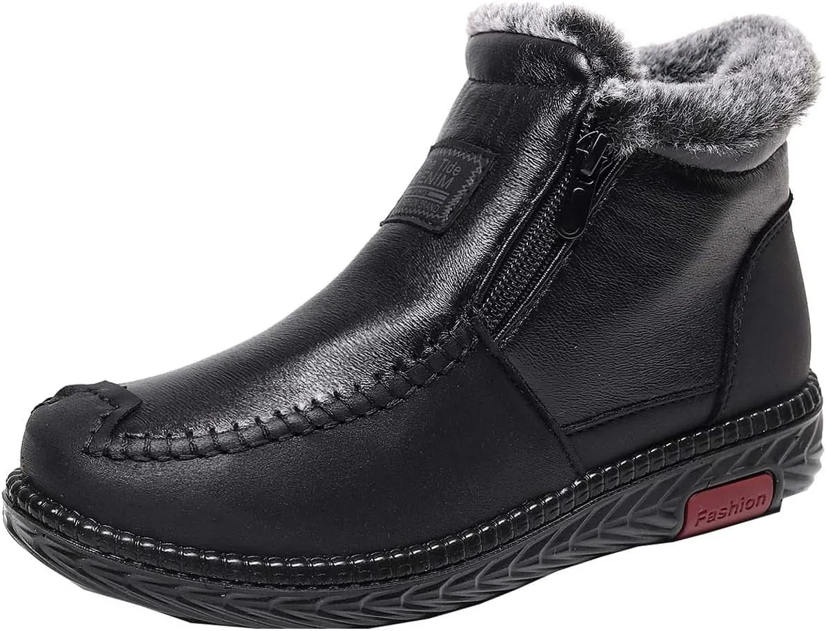 oiangi Snow Boots for Women Platform Ankle Booties Leather Zipper Thickened Plush Warm Flat Booties Comfortable Winter Non-slip Ladies Shoes
