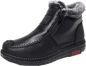 oiangi Snow Boots for Women Platform Ankle Booties Leather Zipper Thickened Plush Warm Flat Booties Comfortable Winter Non-slip Ladies Shoes