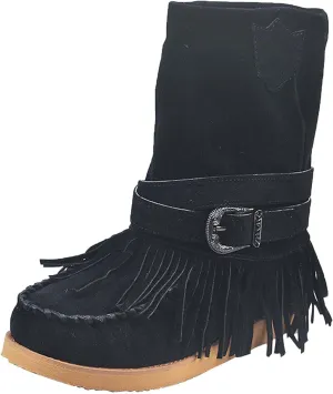 oiangi Tassel Boots for Women Fashion Suede Winter Round Toe Strap buckle Vintage Fringe Mid-Calf boots Comfortable casual Ladies Outdoor Flat Shoes