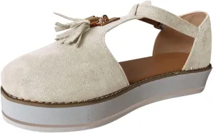 oiangi Womens Shoes Sandals Dressy Fashion Tassel Round Toe Hollow out Flat Pumps Comfortable Thick Bottom Buckle Strap Casual Beach Shoes