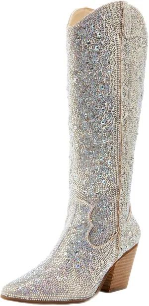 olomisa Rhinestone Boots for Women, Knee High Cowboy Boots Pointed Toe Chunky Heel Sparkly Cowgirl Boots Bling Shoes