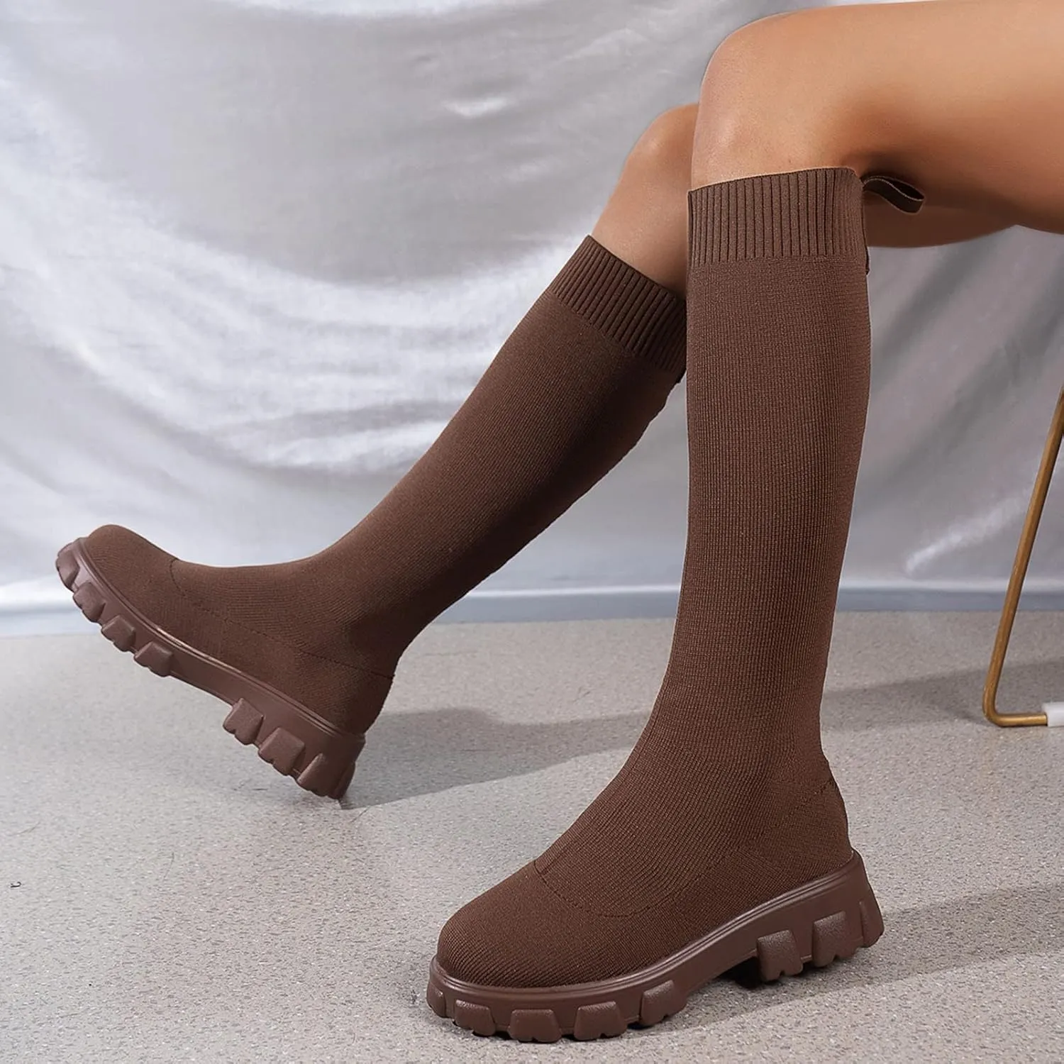 Over the Knee Boots for Women Thigh High Boots Knit Sock Boots Round Toe Mid Chunky Heel Stretch Platform Fall Boots