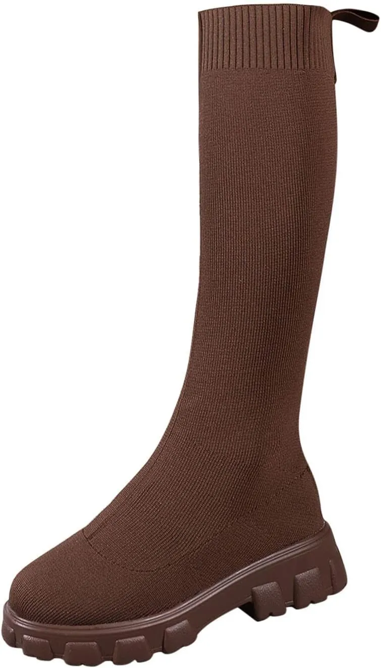 Over the Knee Boots for Women Thigh High Boots Knit Sock Boots Round Toe Mid Chunky Heel Stretch Platform Fall Boots