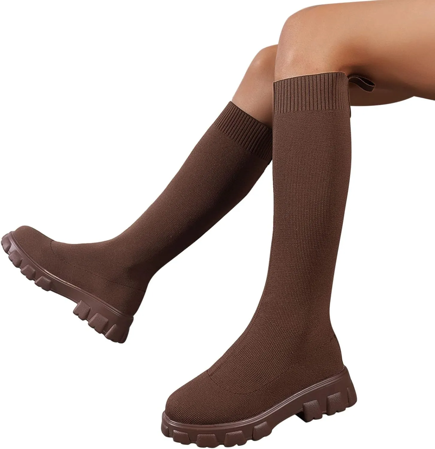 Over the Knee Boots for Women Thigh High Boots Knit Sock Boots Round Toe Mid Chunky Heel Stretch Platform Fall Boots
