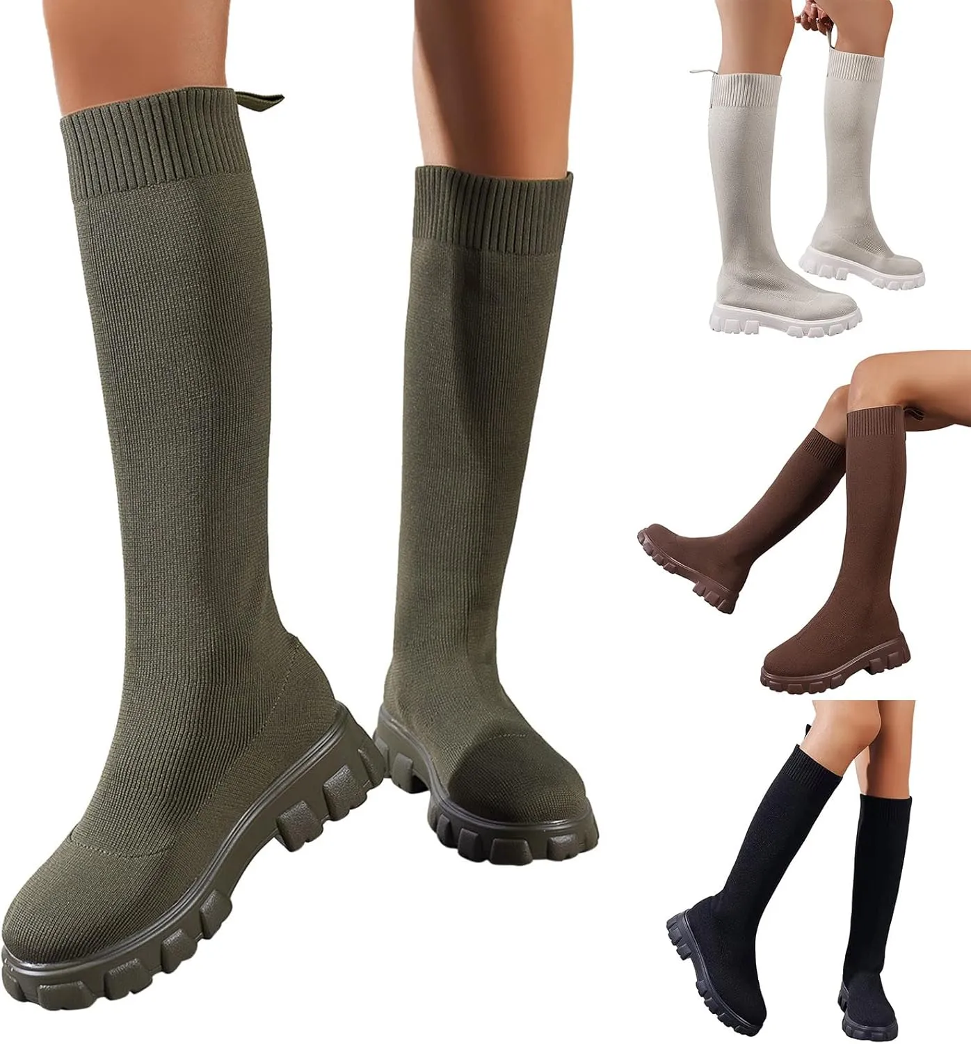 Over the Knee Boots for Women Thigh High Boots Knit Sock Boots Round Toe Mid Chunky Heel Stretch Platform Fall Boots