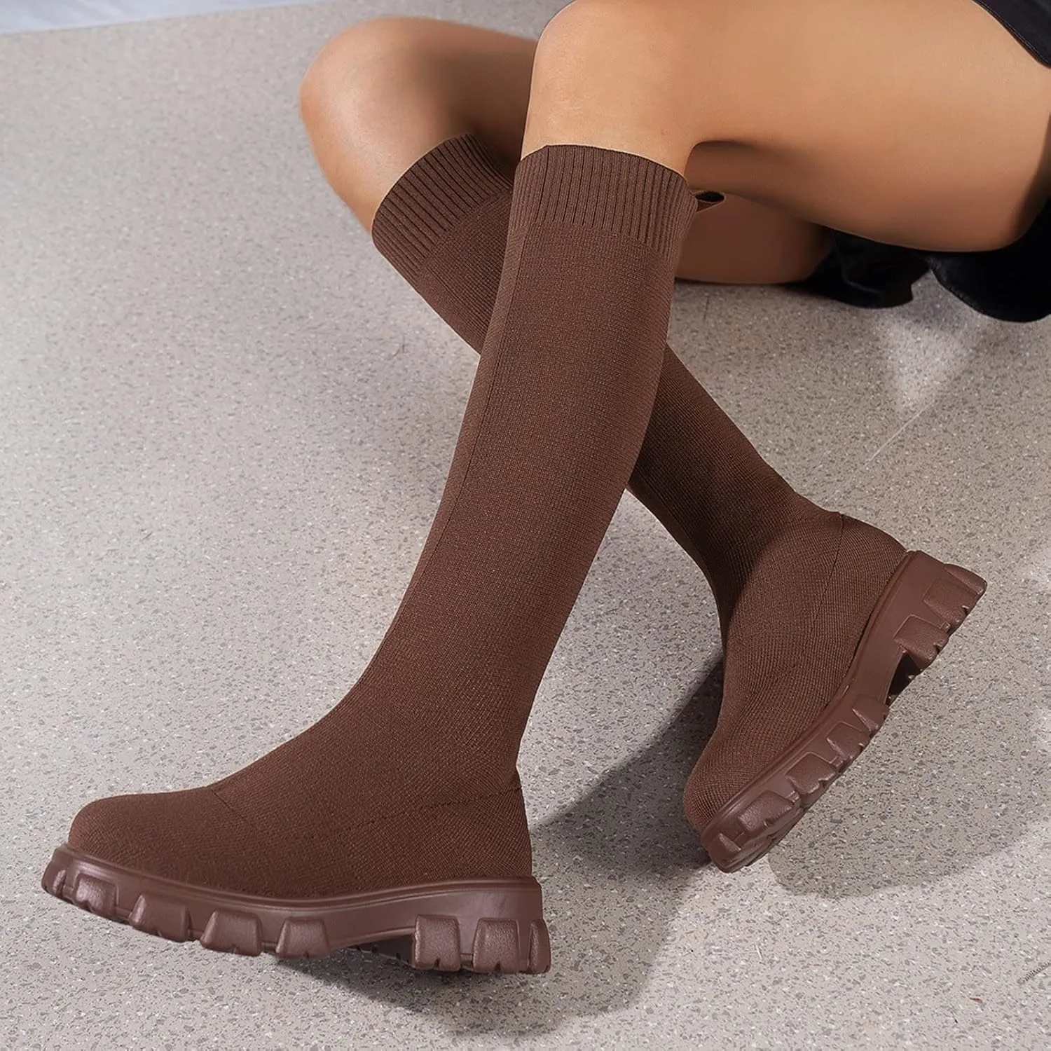 Over the Knee Boots for Women Thigh High Boots Knit Sock Boots Round Toe Mid Chunky Heel Stretch Platform Fall Boots
