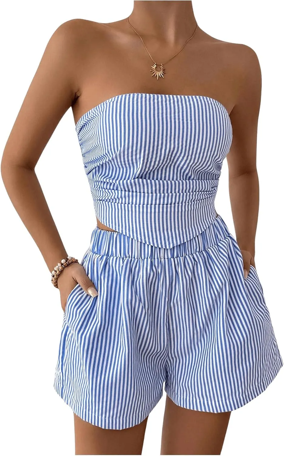 OYOANGLE Women's 2 Piece Striped Print Jumpsuits Asymmetrical Hem Ruched Strapless Tube Top Shorts Set