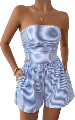 OYOANGLE Women's 2 Piece Striped Print Jumpsuits Asymmetrical Hem Ruched Strapless Tube Top Shorts Set